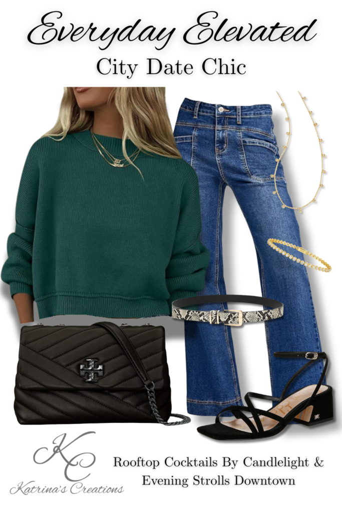City date night outfit featuring a green knit sweater, straight-leg blue jeans, black strappy heels, black quilted crossbody bag, and gold jewelry styled for an evening out.