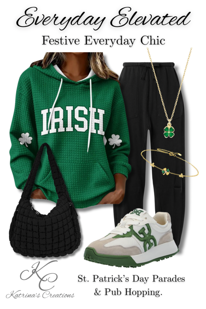 St. Patrick’s Day outfit featuring a green hoodie, black joggers, green-accent sneakers, black tote bag, and gold clover jewelry styled for festive casual wear.