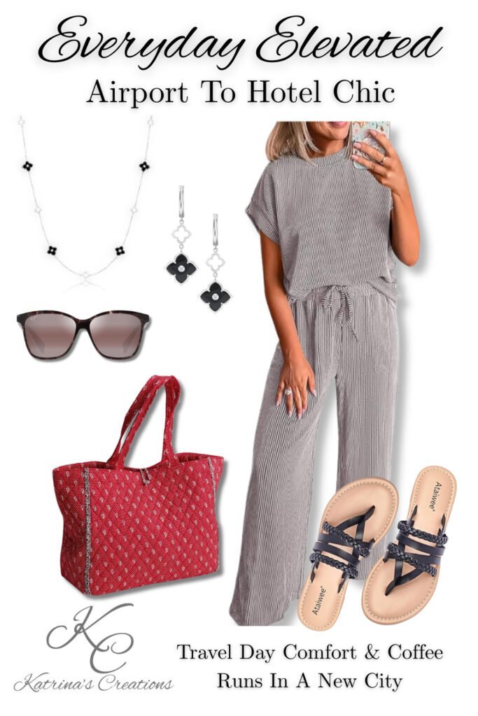 Effortless airport travel outfit featuring a neutral matching set, flat sandals, oversized tote bag, sunglasses, and black-and-silver jewelry styled for airport travel and hotel lounging.

