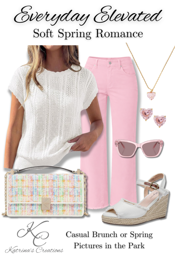Spring outfit featuring soft pink jeans, a white knit top, wedge sandals, pastel crossbody bag, pink sunglasses, and heart jewelry styled for spring park photos.