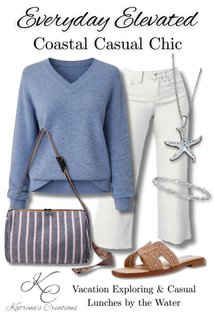 Coastal casual outfit featuring a light blue sweater, white jeans, woven slide sandals, striped crossbody bag, and silver starfish jewelry styled for spring and summer wear.