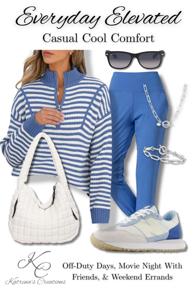 Casual athleisure outfit featuring a blue striped sweater, blue joggers, sporty sneakers, quilted white bag, sunglasses, and silver jewelry styled for a movie night or casual outing.