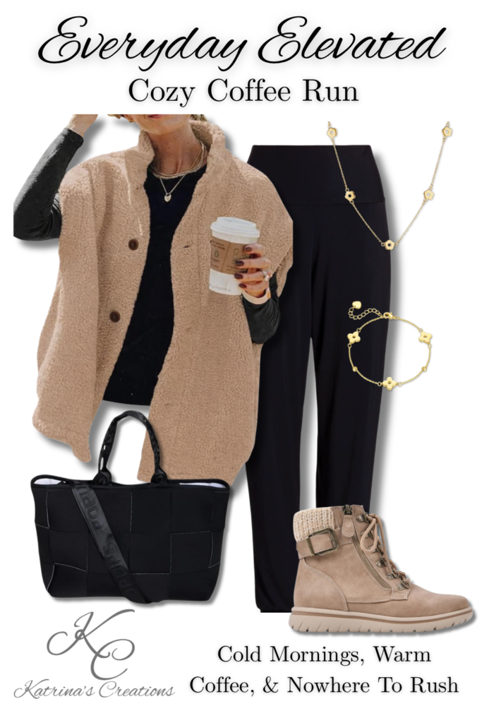 Cold weather spring transition outfit featuring a beige sherpa vest layered over a black top, black pants, neutral winter ankle boots, black tote bag, and delicate gold jewelry styled for everyday elevated casual wear.