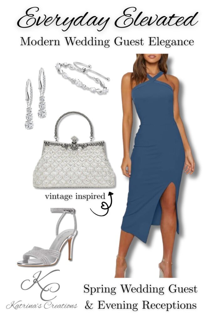Spring wedding guest outfit featuring a blue midi dress, silver strappy heels, vintage-inspired beaded clutch, and delicate silver jewelry styled for a formal event.