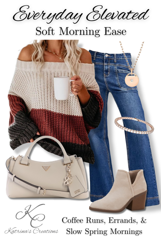 Spring transition outfit featuring a cozy neutral knit sweater, straight-leg blue jeans, beige ankle boots, structured cream handbag, and delicate gold jewelry styled for everyday elevated casual wear.
