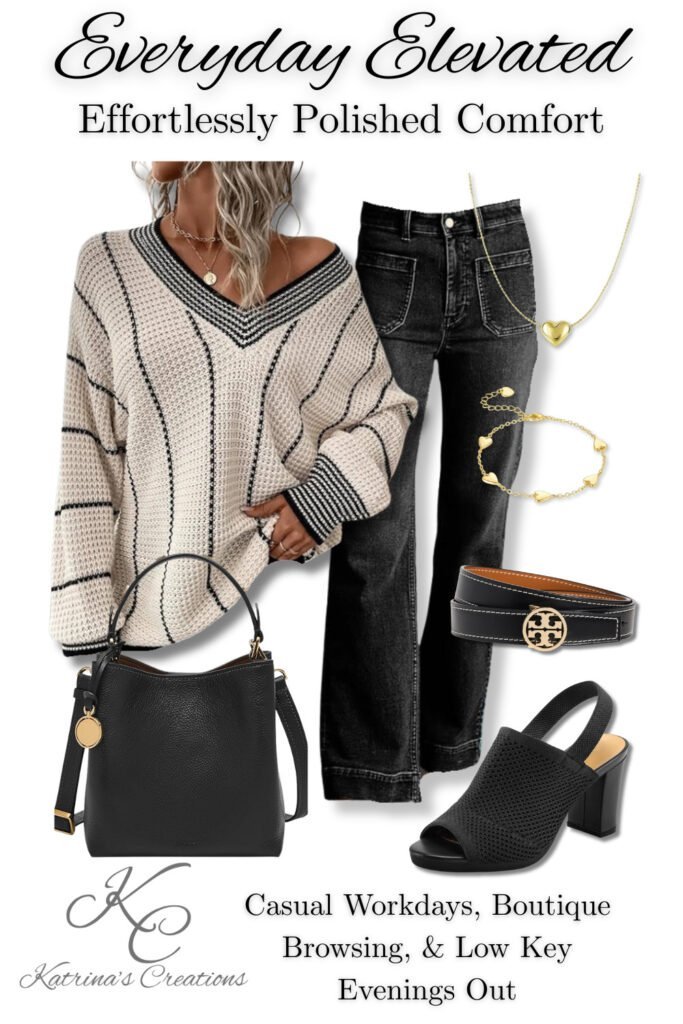 Everyday elevated neutral outfit featuring a cozy striped knit sweater, black straight-leg jeans, black block-heel sandals, structured black handbag, and delicate gold jewelry styled for polished casual wear.