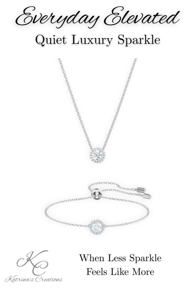Minimalist silver necklace and bracelet set featuring a sparkling round pendant and matching adjustable bracelet styled in a clean, everyday elevated layout.