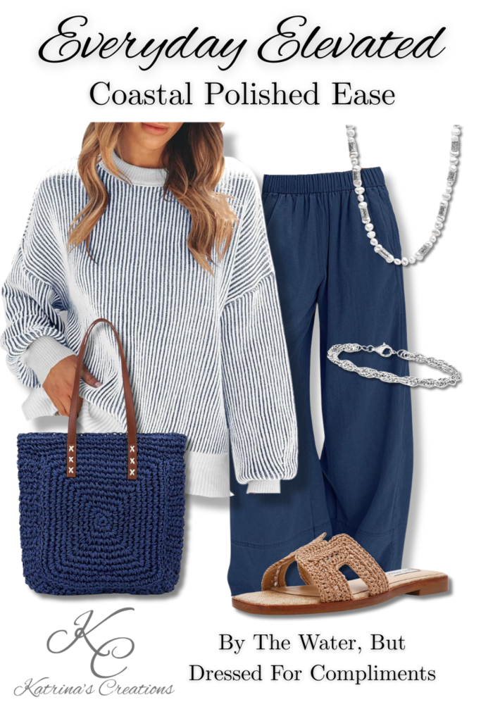 Coastal casual outfit featuring a lightweight striped sweater, navy wide-leg pants, woven navy tote bag, neutral woven sandals, and layered silver jewelry styled for a cool beach day or waterfront stroll.
