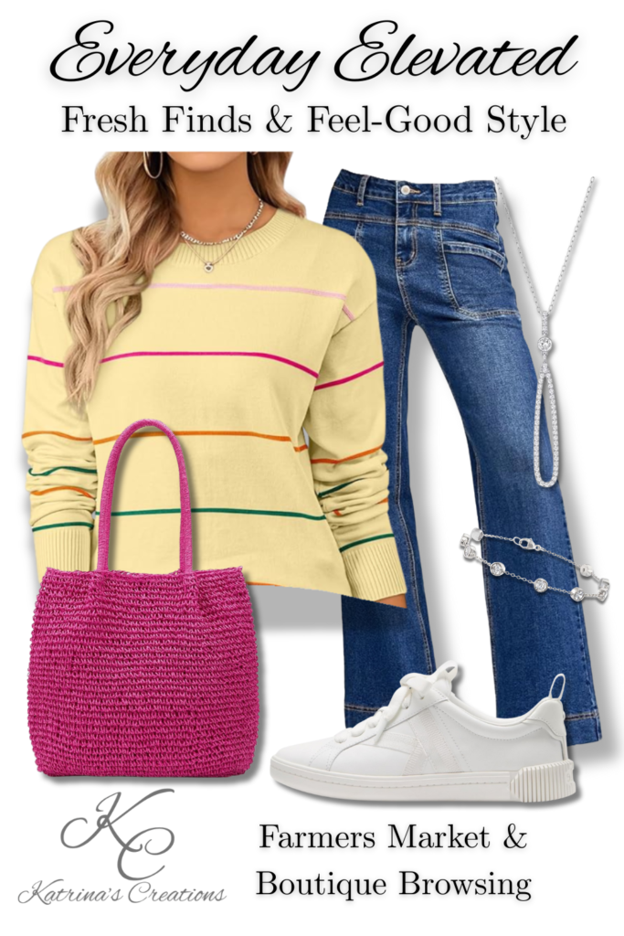 Colorful striped sweater styled with blue jeans, white sneakers, a bright woven tote bag, and silver jewelry for a playful farmers market and boutique browsing outfit.