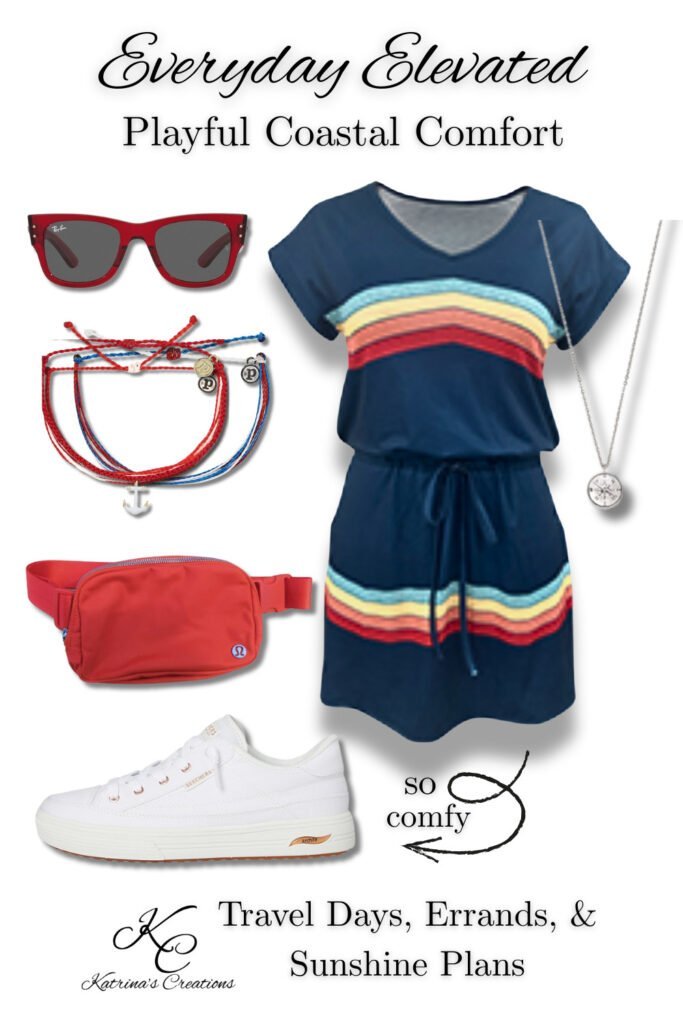 Casual striped summer dress styled with sneakers, belt bag, sunglasses, and accessories for a comfortable everyday outfit