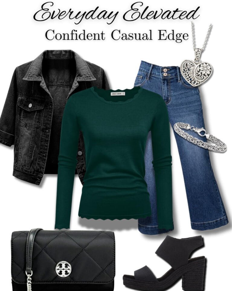 Confident casual edge outfit with black denim jacket, green fitted top, flare jeans, platform heels, and quilted black purse styled with silver heart necklace