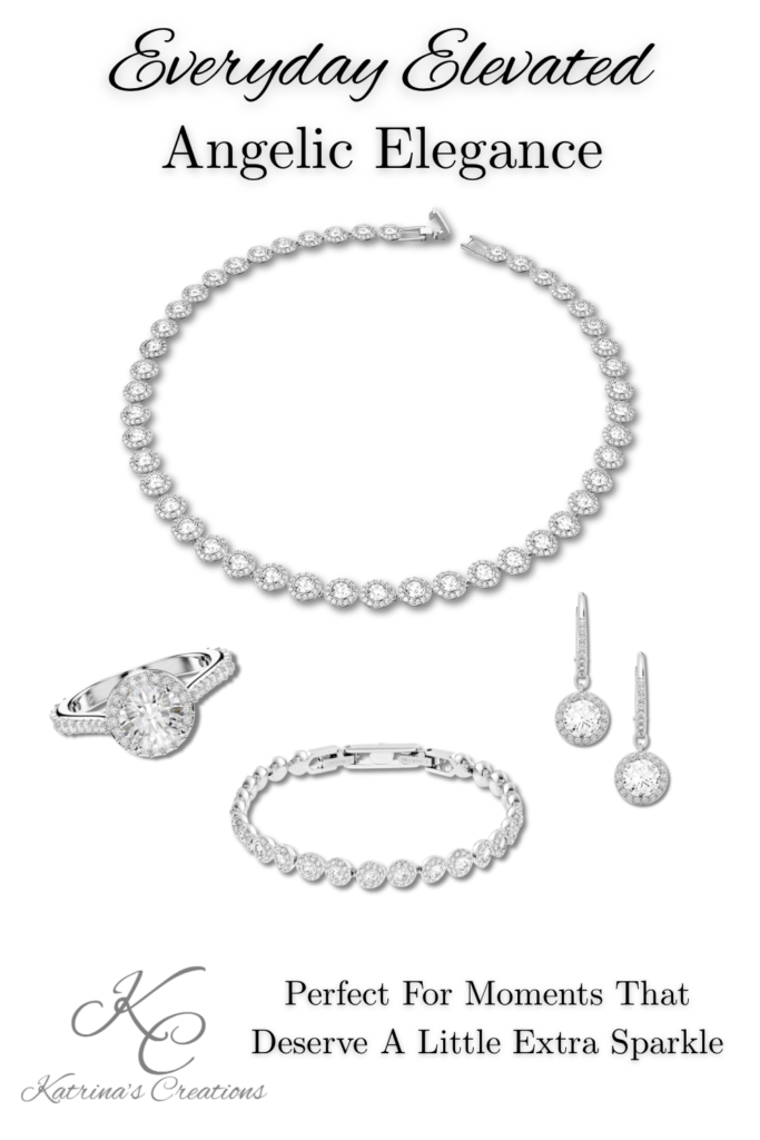 Silver halo jewelry set featuring a necklace, bracelet, ring, and drop earrings with clear sparkling stones arranged on a white background, elegant and timeless design
