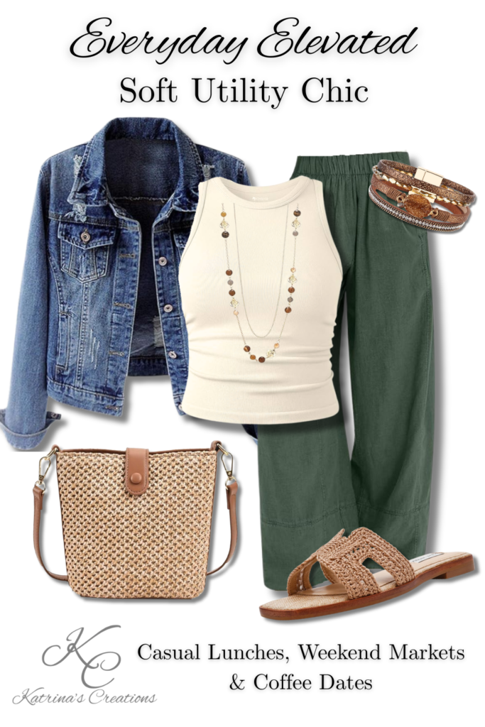 Layered spring outfit featuring a denim jacket, cream tank top, green flowy pants, woven crossbody bag, slide sandals, and neutral accessories styled in a casual everyday elevated look.