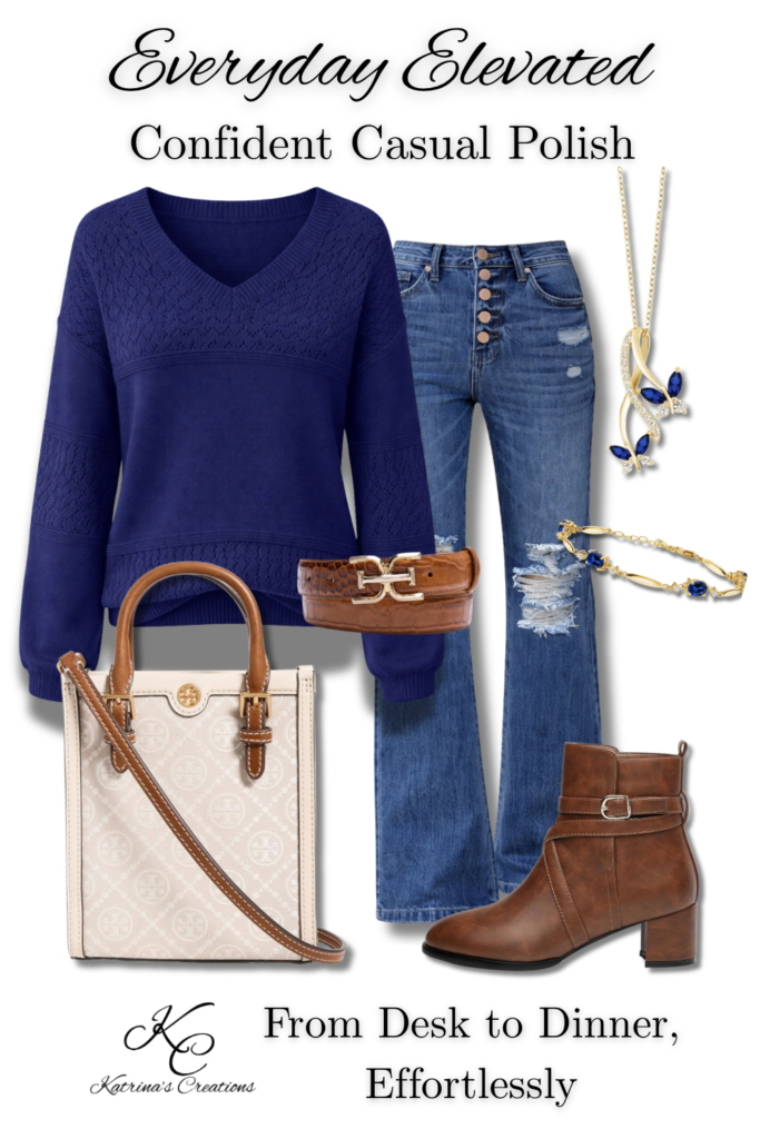 Everyday Elevated casual outfit with navy textured sweater, high-waisted distressed jeans, brown ankle boots, neutral handbag, belt, and blue gemstone jewelry.