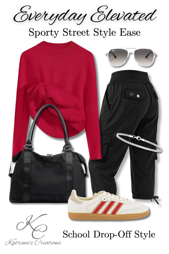 School drop-off outfit with black joggers, red sweater, sneakers, and tote bag styled for busy mornings and casual everyday wear