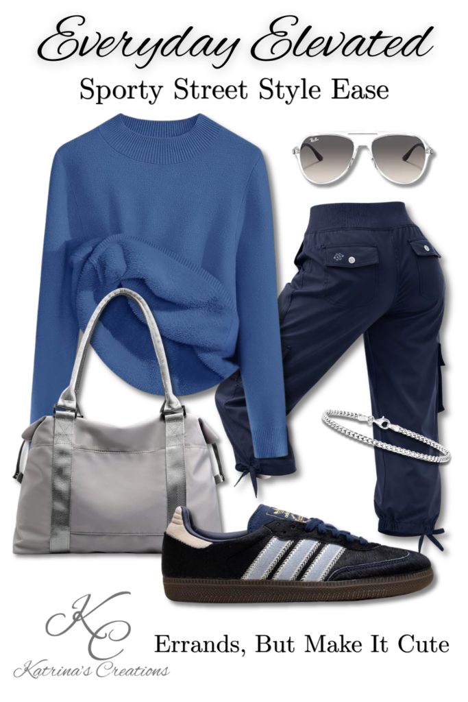 Cute athleisure outfit for women with navy joggers, blue sweater, sneakers, and tote bag styled for errands and everyday casual wear