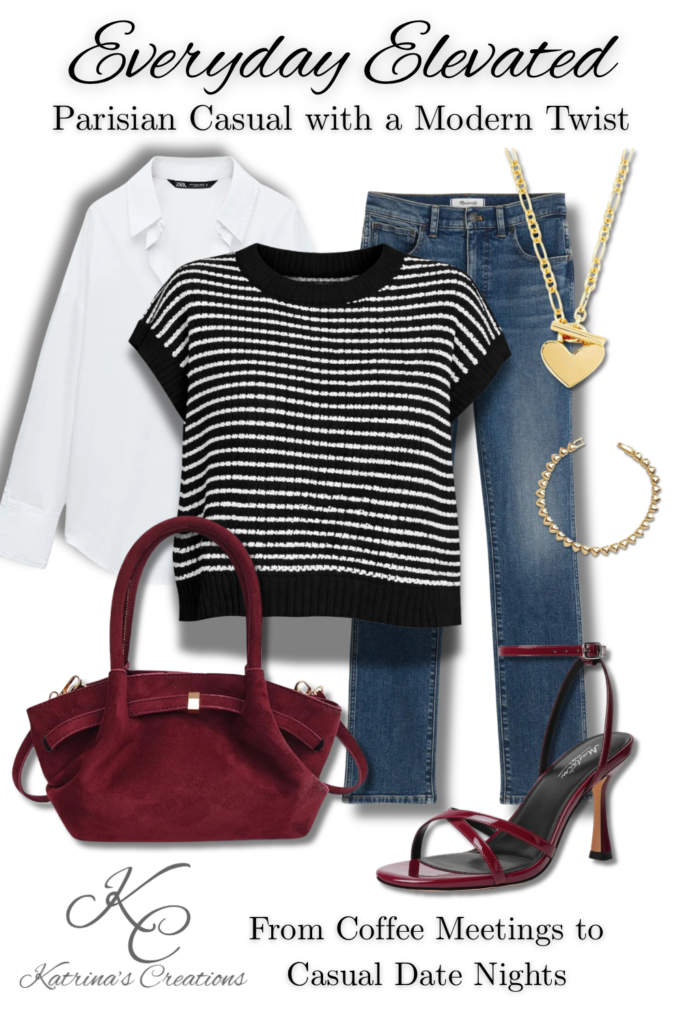 Flat lay of a Parisian casual outfit featuring a black and white striped knit top layered over a white button-down shirt, straight-leg blue jeans, burgundy handbag and heels, and gold heart jewelry styled for coffee meetings and casual date nights.