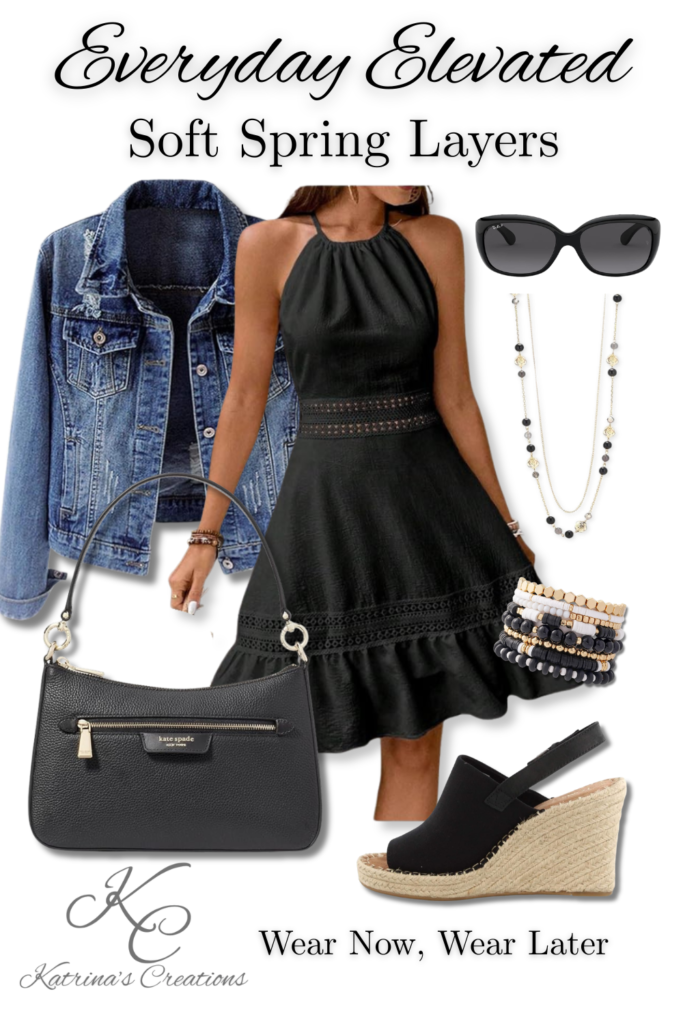 Woman wearing a black halter midi dress styled with a denim jacket, black espadrille wedge sandals, black shoulder handbag, sunglasses, and layered gold and black jewelry for a transitional spring look.
