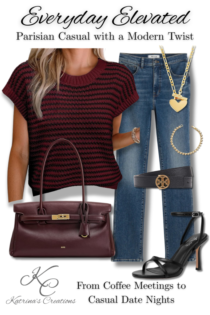 Parisian casual spring outfit featuring a burgundy knit top, classic blue jeans, structured handbag, gold jewelry, and black heels styled for coffee meetings and casual date nights.