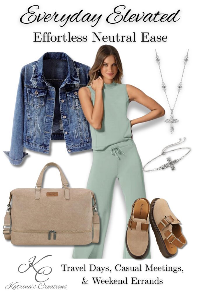 Neutral spring lounge outfit featuring a soft neutral matching set, denim jacket, beige travel bag, comfortable shoes, and silver jewelry styled for travel days, casual meetings, and weekend errands.