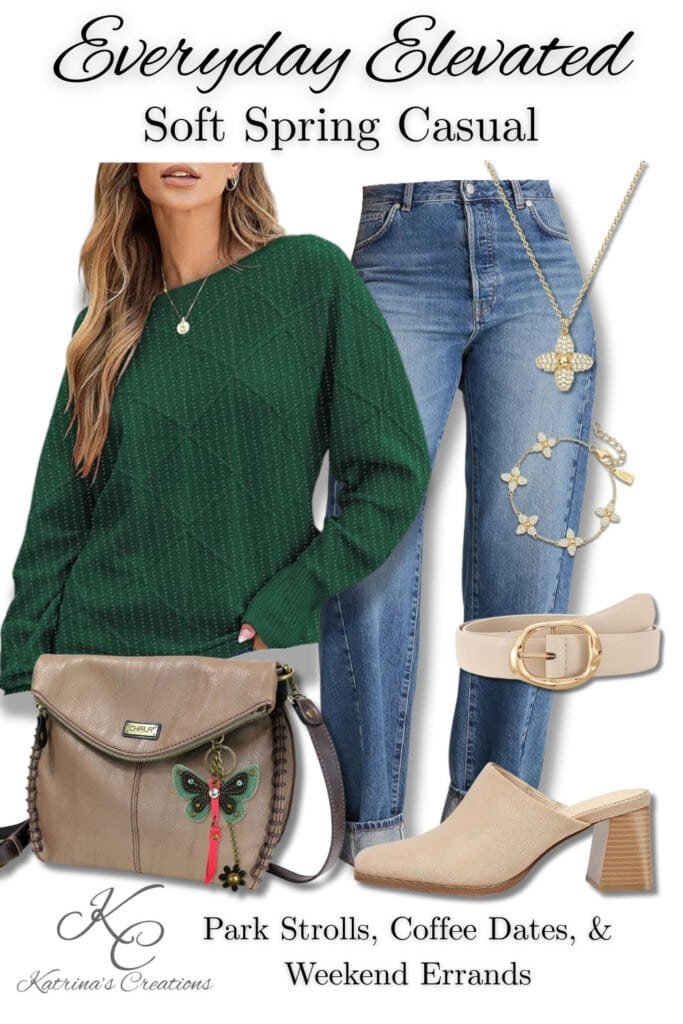 Soft spring casual outfit featuring a green knit sweater, blue jeans, neutral purse, gold jewelry, and beige heeled mules styled for park strolls, coffee dates, and weekend errands.