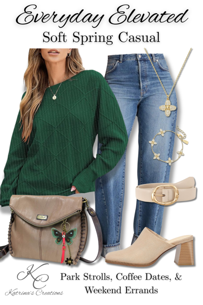 Soft spring casual outfit featuring a green knit sweater, blue jeans, neutral purse, gold jewelry, and beige heeled mules styled for park strolls, coffee dates, and weekend errands.