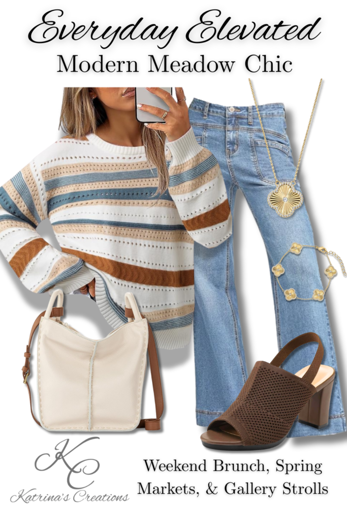 Modern meadow chic spring outfit featuring a striped knit sweater, wide-leg denim jeans, neutral block-heel sandals, a structured shoulder bag, and gold jewelry styled for weekend brunch, spring markets, and gallery strolls.