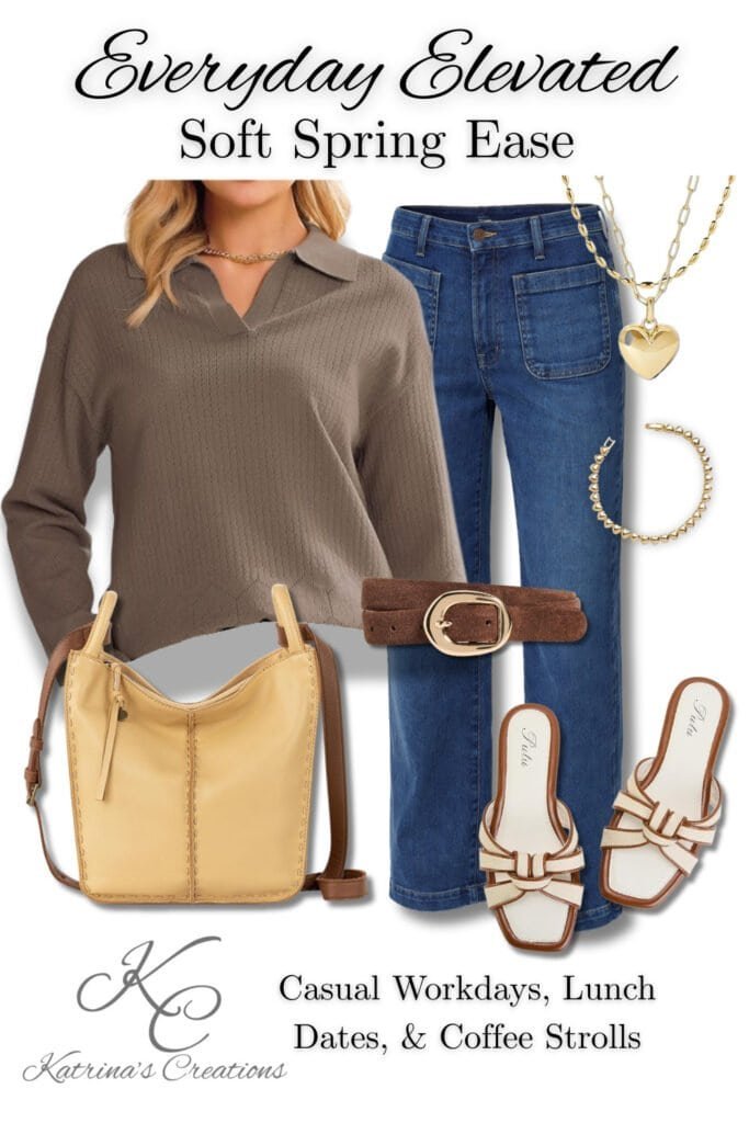 Soft spring outfit featuring a neutral long-sleeve blouse, blue jeans, yellow crossbody purse, brown belt, gold jewelry, and neutral slide sandals styled for casual workdays, lunch dates, and coffee strolls.