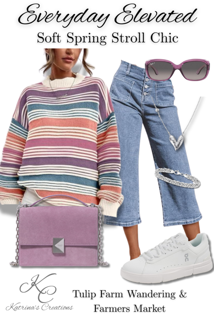 Soft spring stroll chic outfit featuring a striped knit sweater, denim capris, white sneakers, pastel crossbody bag, statement sunglasses, and silver jewelry styled for tulip farm wandering and farmers market outings.