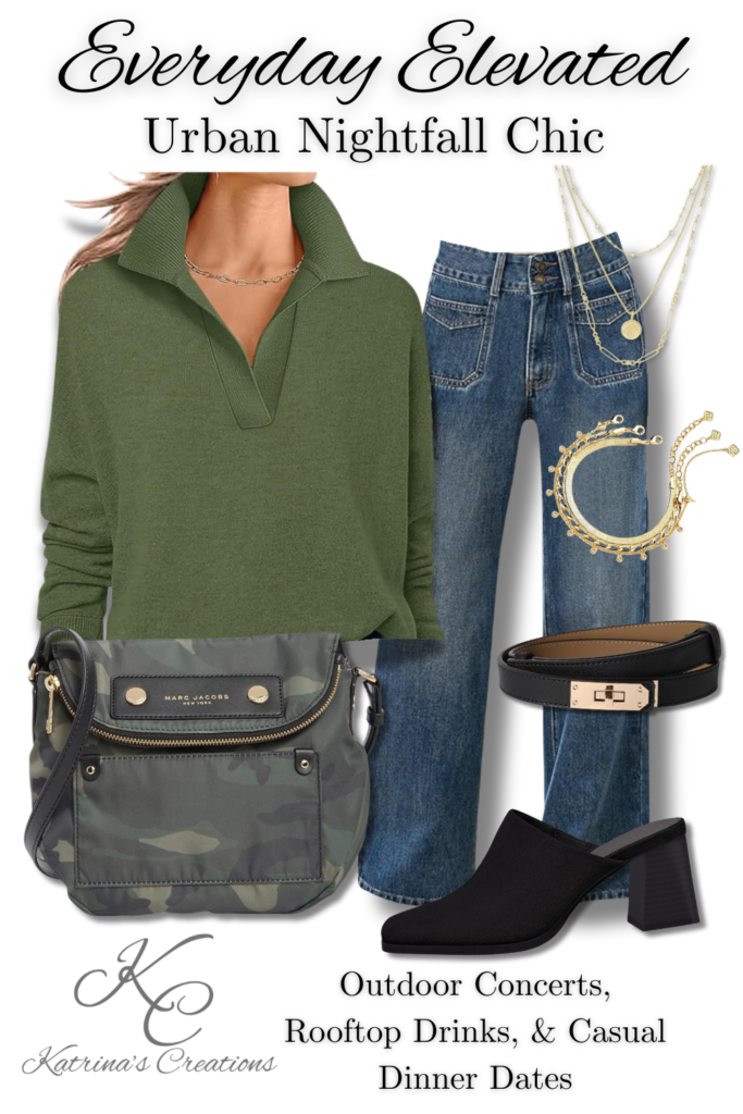 Urban nightfall chic spring outfit featuring a green collared knit sweater, wide-leg denim jeans, black heeled mules, a structured crossbody bag, and layered gold jewelry styled for rooftop drinks, outdoor concerts, and casual dinner dates.