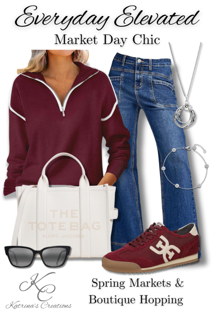 Market day chic spring outfit featuring a burgundy half-zip sweater, wide-leg denim jeans, burgundy sneakers, a white structured tote bag, sunglasses, and silver jewelry styled for spring markets and boutique hopping.