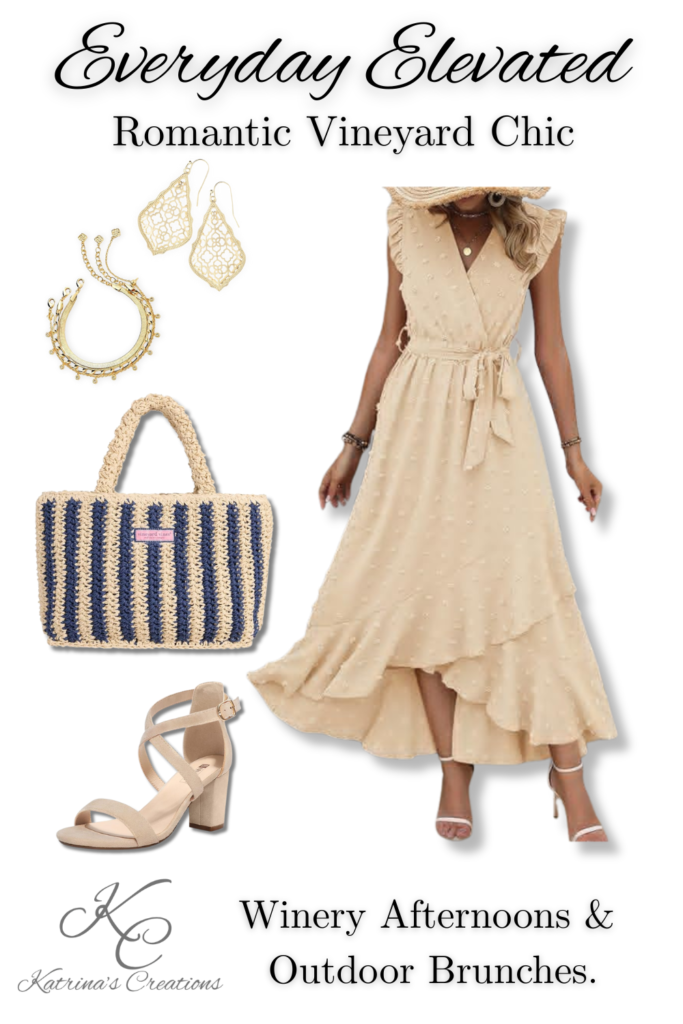 Romantic vineyard chic spring outfit featuring a neutral midi dress, heeled sandals, a woven straw tote bag, and gold jewelry styled for winery afternoons and outdoor brunches.
