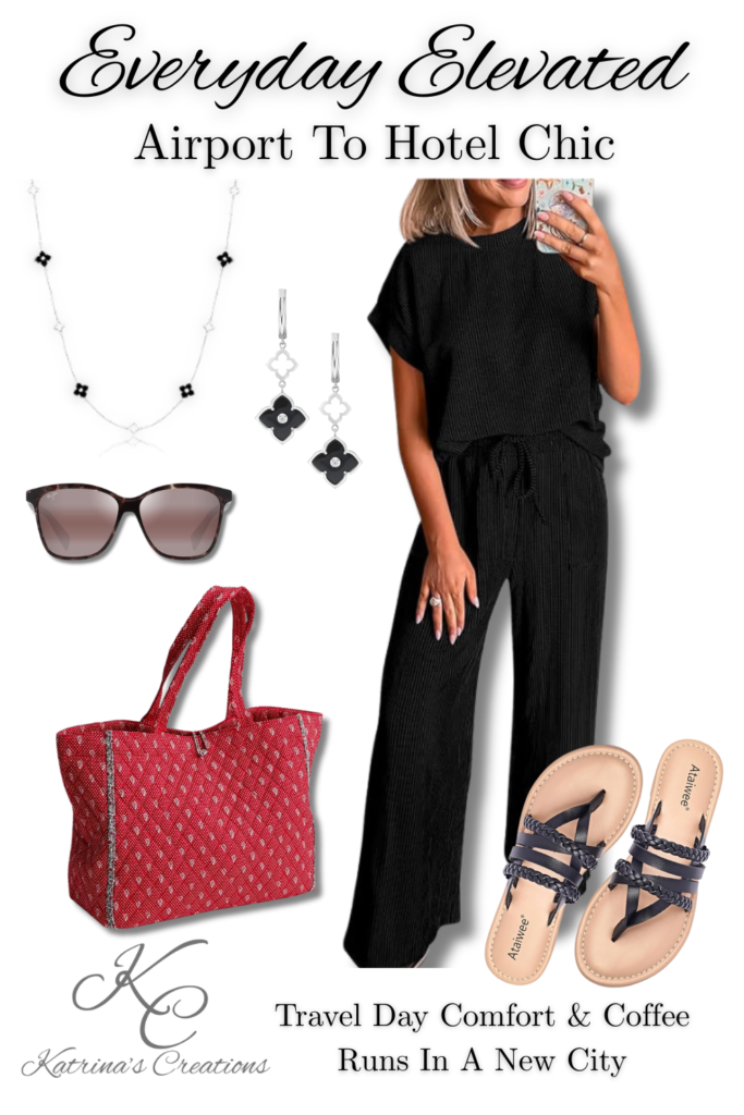 Airport to hotel chic outfit featuring a black lounge set, slide sandals, a large travel tote bag, sunglasses, and silver jewelry styled for travel day comfort and coffee runs in a new city.