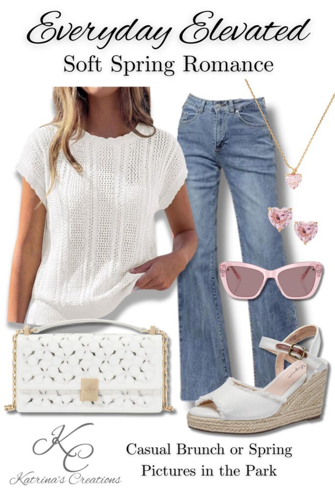 Soft spring romance outfit featuring a white knit short-sleeve sweater, light-wash denim jeans, espadrille wedge sandals, a white statement purse, pink sunglasses, and heart-shaped jewelry styled for casual brunch and spring park outings.