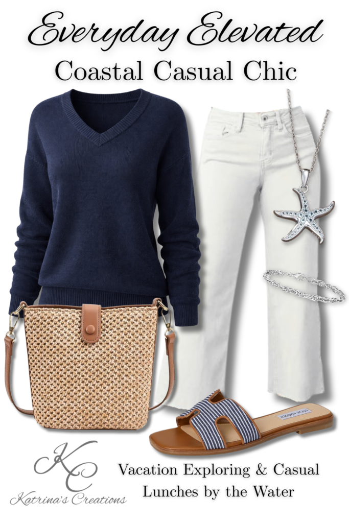 Coastal casual chic vacation outfit featuring a navy knit sweater, white denim jeans, striped slide sandals, a woven crossbody bag, and silver jewelry styled for exploring and casual lunches by the water.