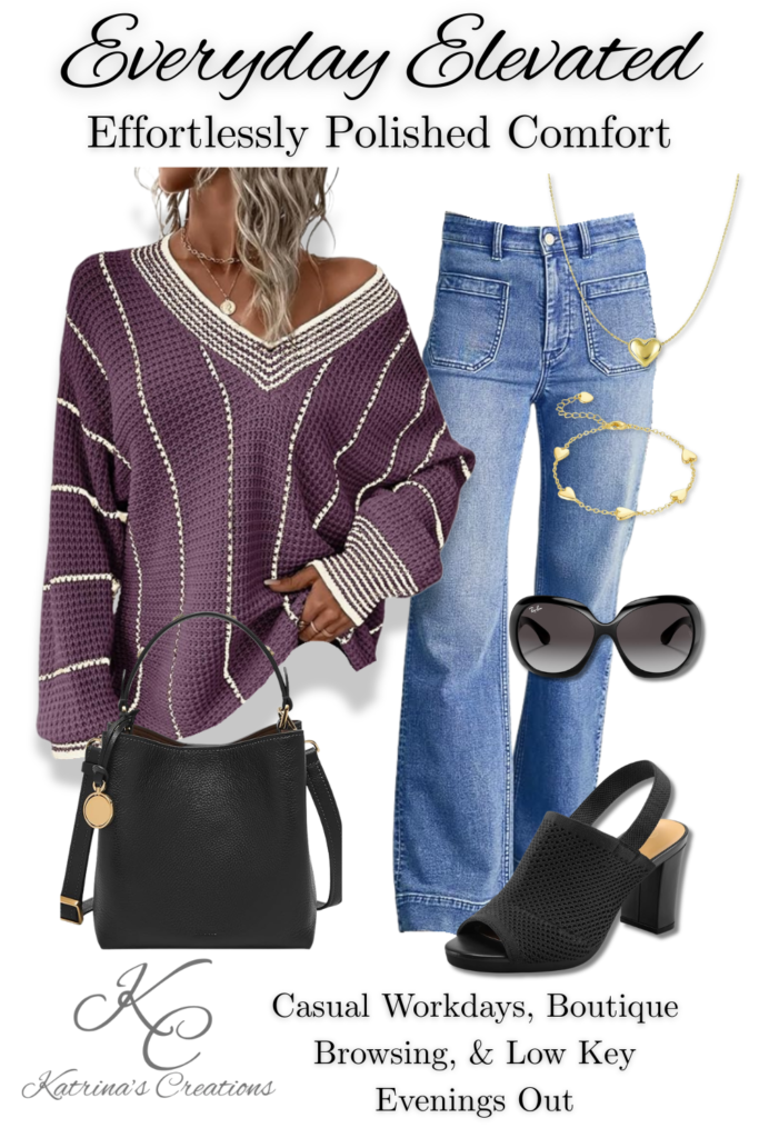 Effortlessly polished casual outfit with a plum textured sweater, blue jeans, black handbag, sunglasses, gold heart jewelry, and black heeled mules for workdays and evenings out.