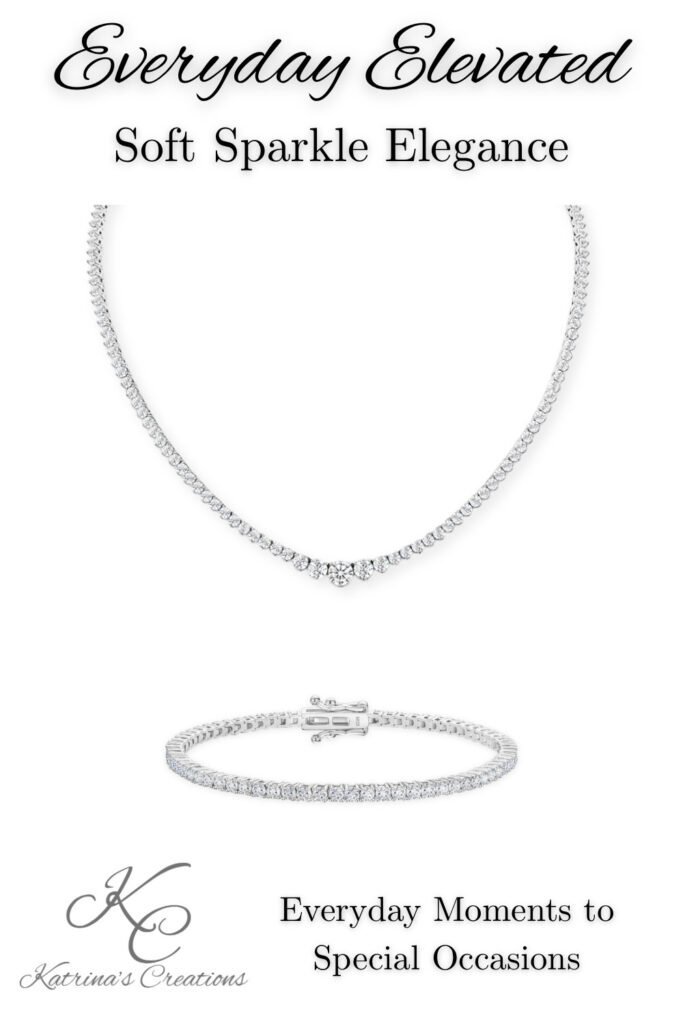 Elegant silver tennis necklace and matching bracelet displayed on a clean white background for a timeless feminine jewelry look.