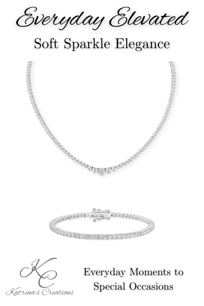 Elegant silver tennis necklace and matching bracelet displayed on a clean white background for a timeless feminine jewelry look.