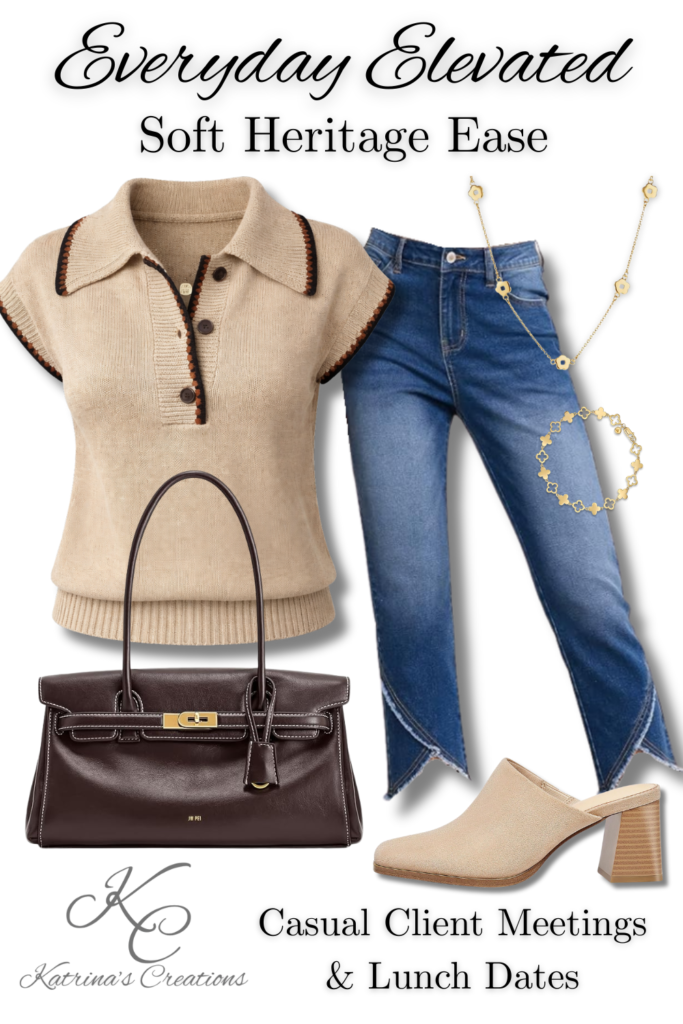 Neutral knit top styled with relaxed denim, a structured brown handbag, heeled mules, and gold jewelry for a polished casual everyday outfit.