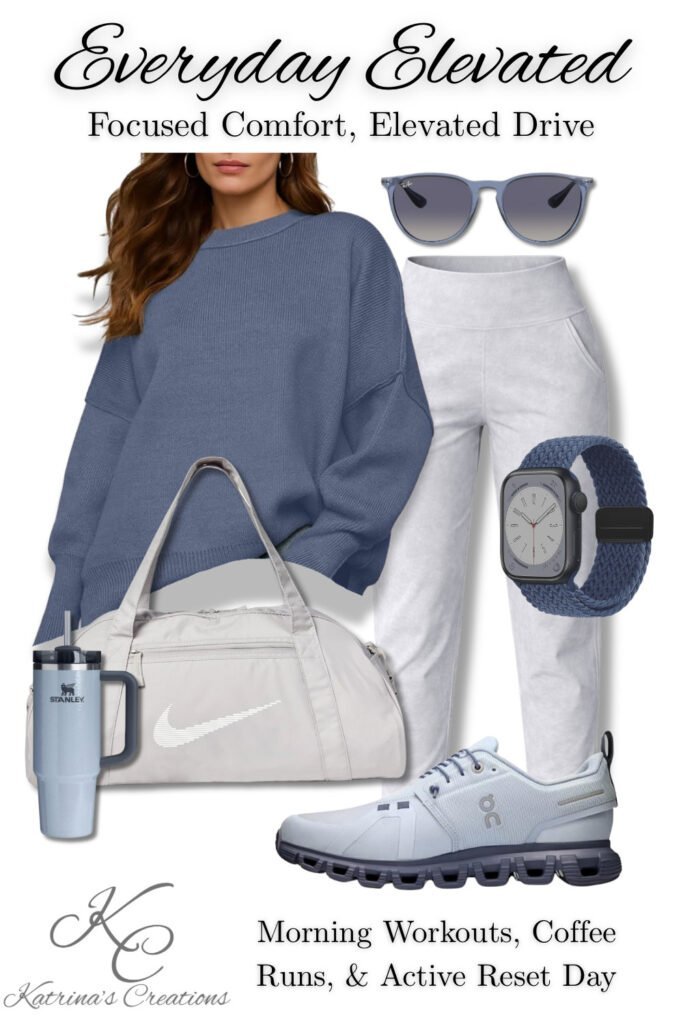 Sporty athleisure outfit featuring a blue oversized sweater, light jogger pants, white athletic sneakers, neutral gym bag, sunglasses, and smartwatch, styled for New Year goal setting and everyday active wear.