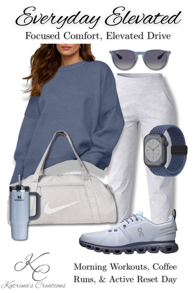Sporty chic athleisure outfit featuring a blue oversized sweater, light jogger pants, white athletic sneakers, neutral gym bag, sunglasses, and smartwatch, styled for New Year goal setting and everyday active wear.