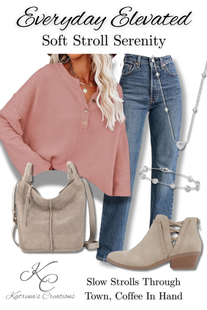 Soft spring casual outfit featuring a blush textured sweater, straight-leg blue jeans, neutral ankle boots, a suede crossbody bag, and delicate silver jewelry styled for an Everyday Elevated calm stroll look.