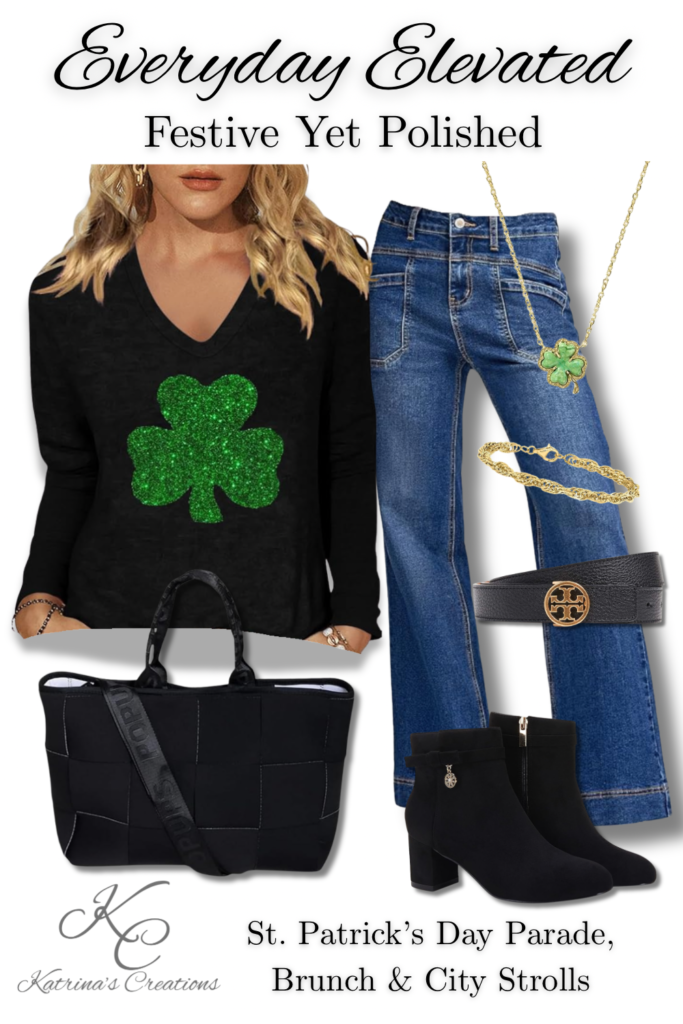 St. Patrick’s Day outfit featuring a black shamrock sweater, classic blue jeans, black ankle boots, a structured black tote bag, and gold jewelry styled for casual holiday celebrations and brunch.