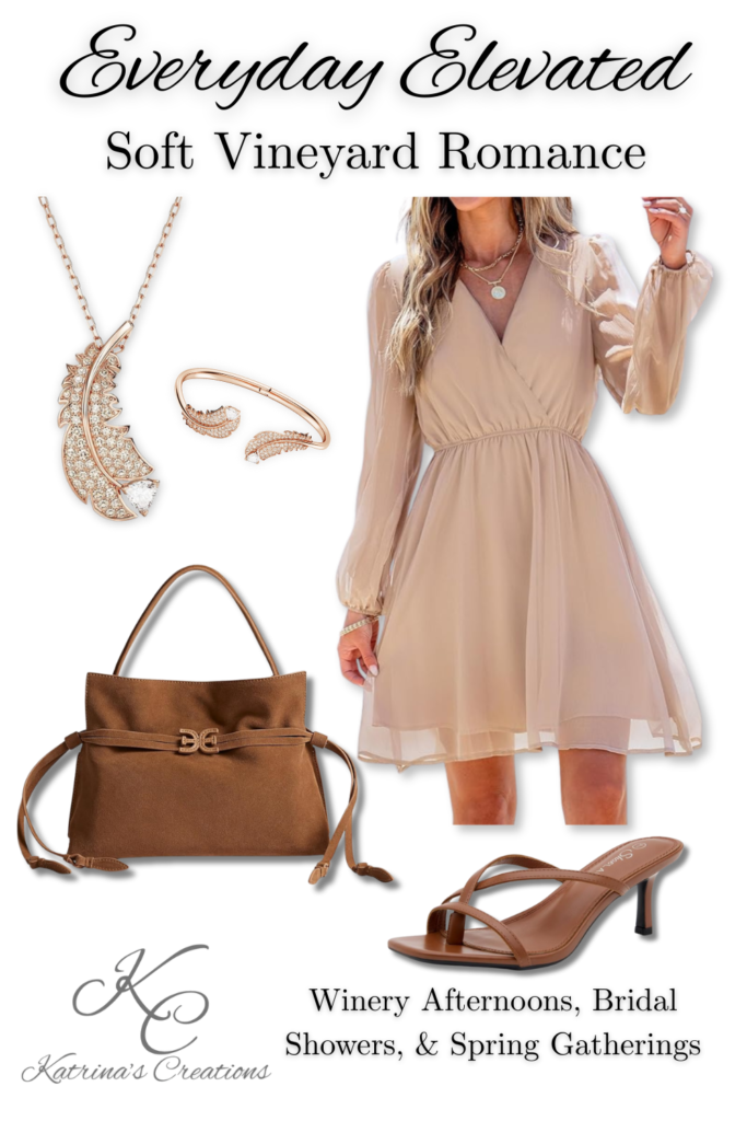 Neutral beige long sleeve chiffon spring dress styled with cognac handbag, brown strappy heels, and rose gold jewelry for bridal showers, winery afternoons, and spring gatherings.