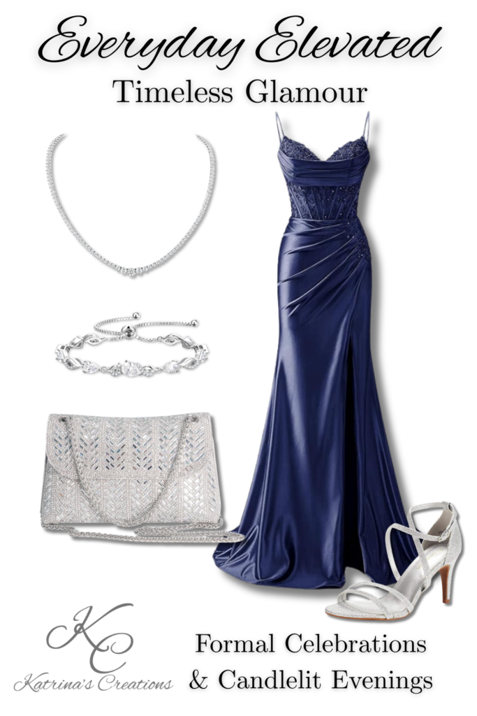 Flat lay collage featuring a navy blue formal evening gown styled with silver heels, crystal clutch, and diamond-inspired necklace and bracelet for an elegant black tie look.