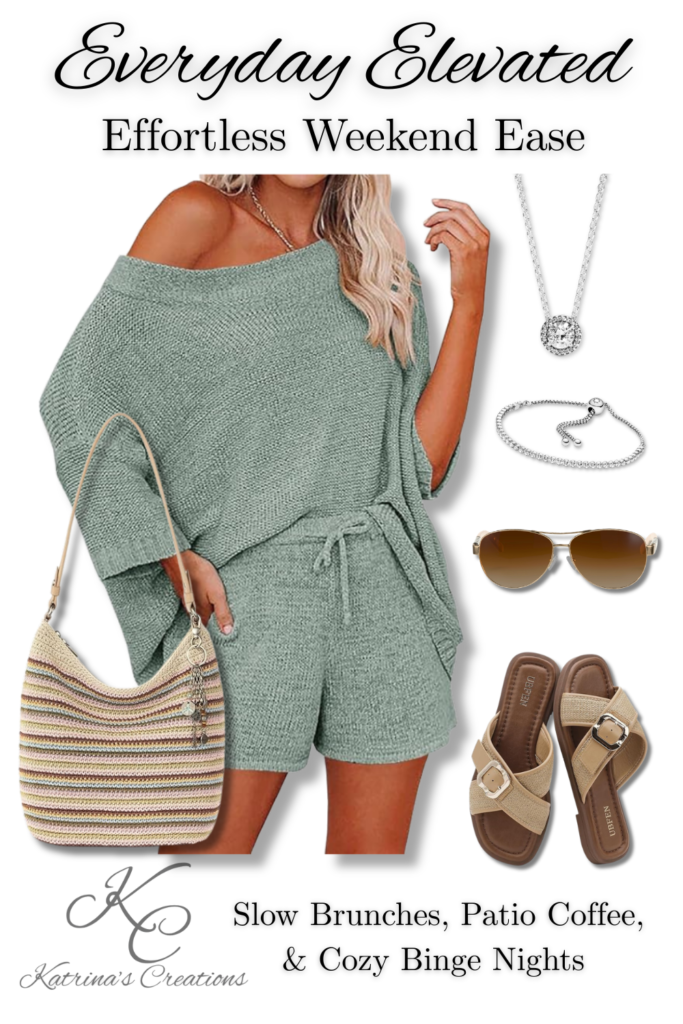 Flat lay collage featuring a sage green knit lounge set with matching shorts, neutral sandals, striped woven tote bag, sunglasses, and silver jewelry styled for casual brunch and relaxed weekend wear.