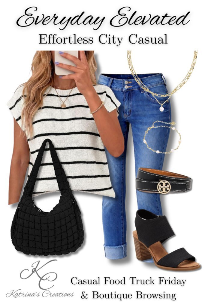 Casual Spring outfit featuring Black and white striped knit top styled with slim cropped skinny jeans, black woven shoulder bag, gold layered jewelry, black block heel sandals, and a black belt for a casual chic weekend outfit.