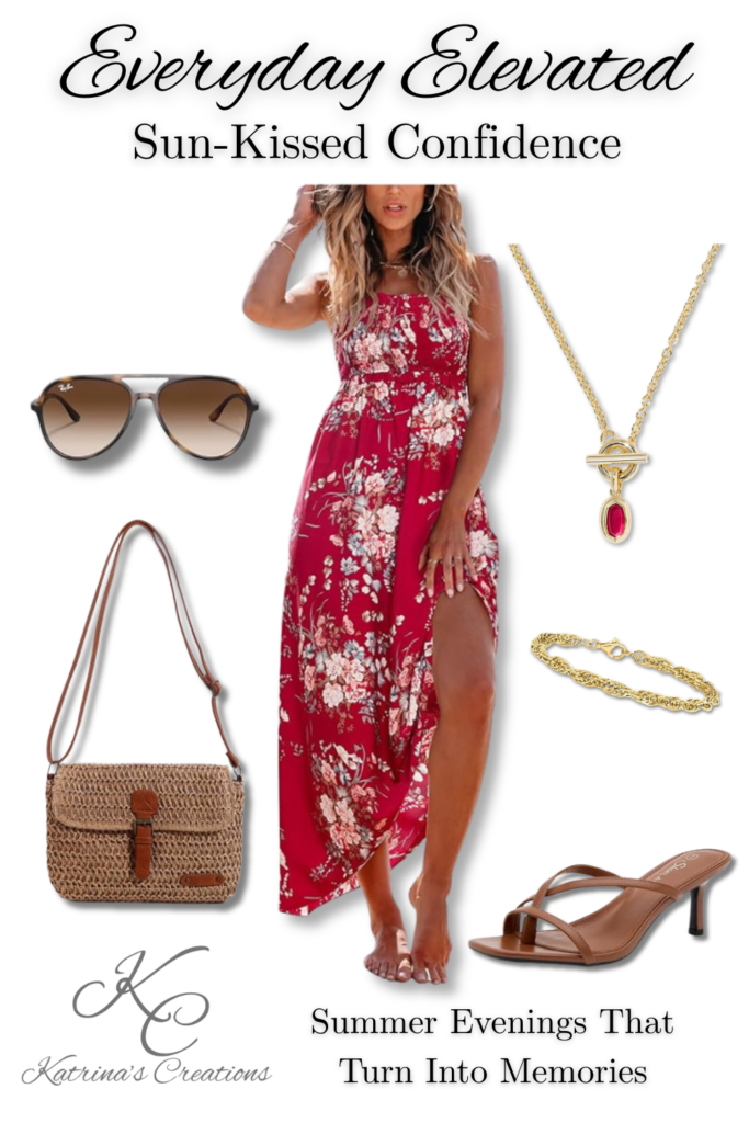 Red floral summer dress outfit styled with brown heeled sandals, woven straw crossbody bag, oversized sunglasses, and layered gold jewelry for vacation dinners and summer date nights.