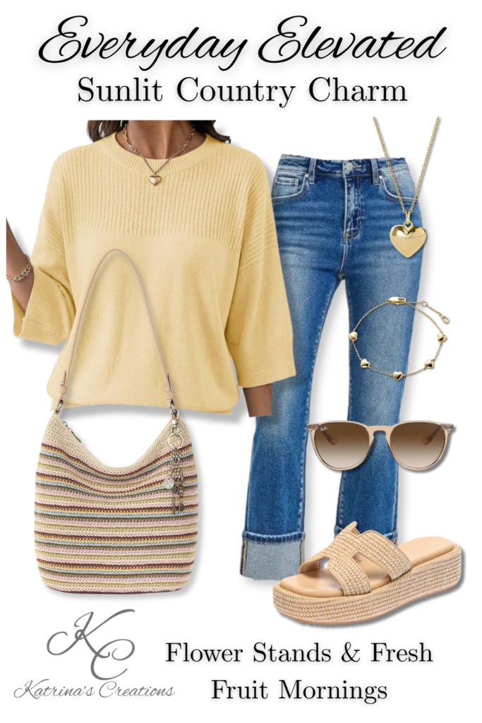 Casual spring outfit featuring light wash cropped jeans, soft yellow knit sweater, woven espadrille wedge sandals, straw sun hat, layered silver necklaces, and a colorful striped shoulder bag styled for winery tours and flower market visits.