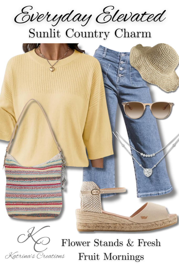 Spring outfit featuring light wash cropped jeans, soft yellow knit sweater, woven espadrille wedge sandals, straw sun hat, layered silver necklaces, and a colorful striped shoulder bag styled for winery tours and flower market visits.